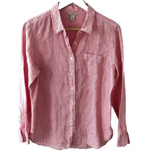 LL Bean Button Up Top 100% Linen Size Medium Pink White Stripe Long Sleeve Shirt